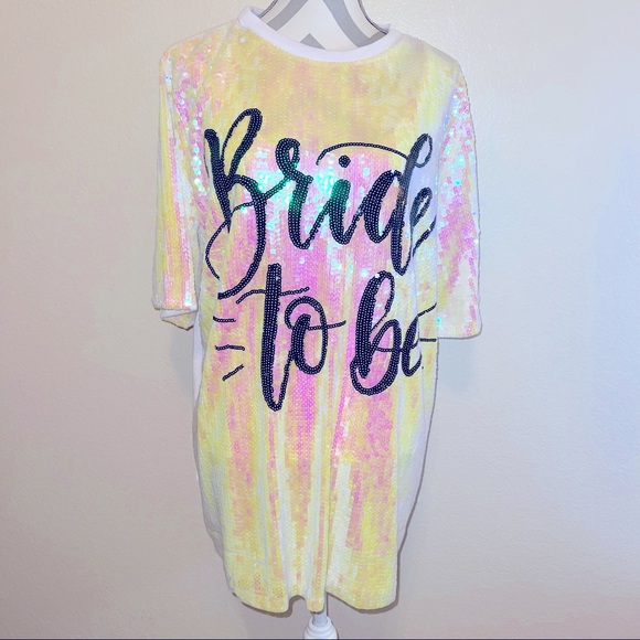 WHY Dress Dresses & Skirts - White Iridescent Sequin Trendy “Bride to Be” Short Sleeve Mini Dress One Size